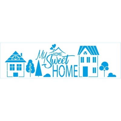 Ilustração azul de casas, árvores e texto 'My Home Sweet Home'.