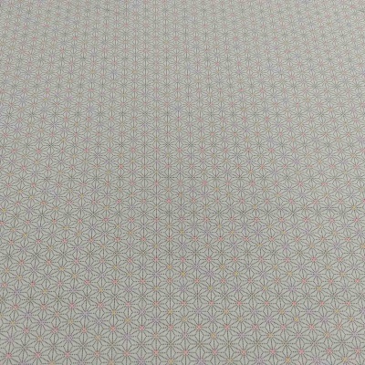 tecido creme com padrão geométrico de estrelas vermelhas, cinzentas e amarelas