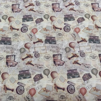 tecido com padrão vintage de viagem com balões, relógios, mapas e malas