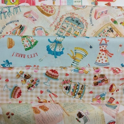 Seis diferentes tecidos estampados com temas de confeitaria e cozinha em tons pastel
