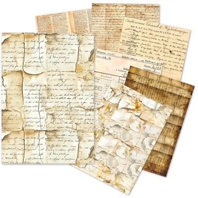 Papel envelhecido com texto manuscrito e impresso, com manchas e bordas gastas