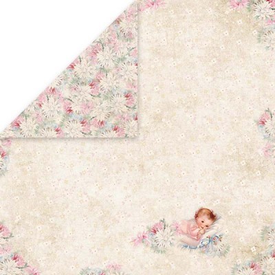 Papel de embrulho floral com bebê e flores em tons de bege, rosa e branco