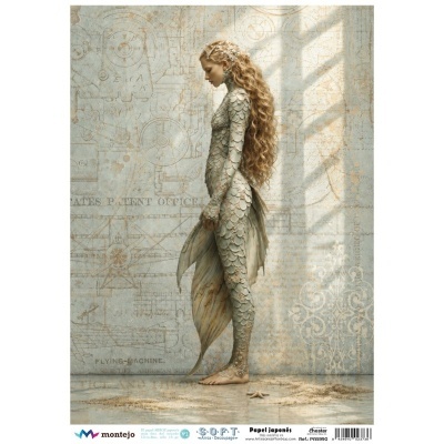 Figura humana com roupa de escamas cinzentas e bege, cabelo longo cacheado, fundo com desenhos técnicos e texto em inglês.