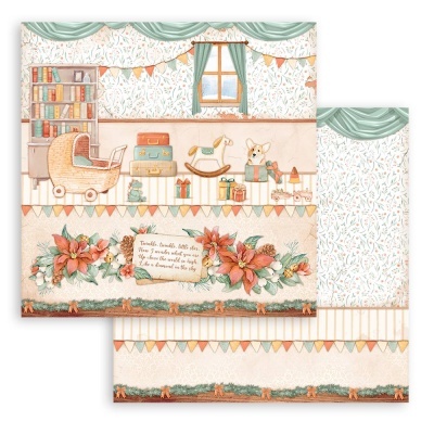 Papel decorativo ilustrado com tema vintage de quarto infantil e motivos festivos em tons verdes, laranja e bege