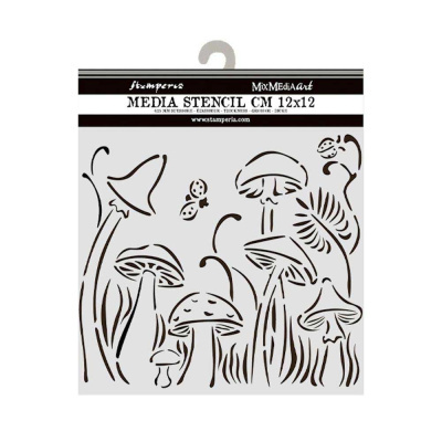 Stencil com padrão de cogumelos e folhas com embalagem preta e branca.