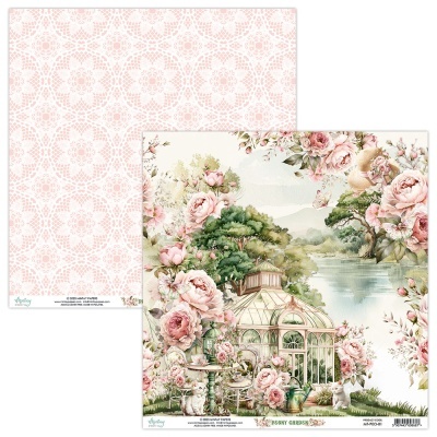Papel de scrapbooking com estufa floral e padrão geométrico rosa