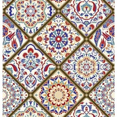 Azulejo decorativo com padrão geométrico e floral colorido