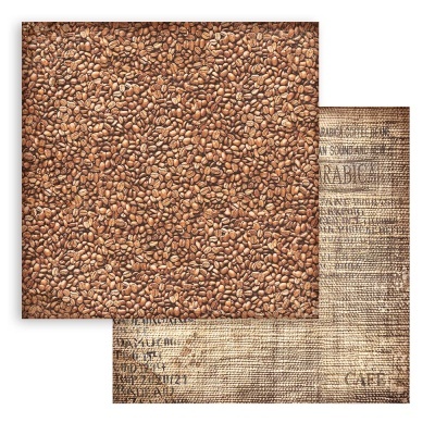 Papel para scrapbooking com padrão de grãos de café e textura de saco de juta com texto