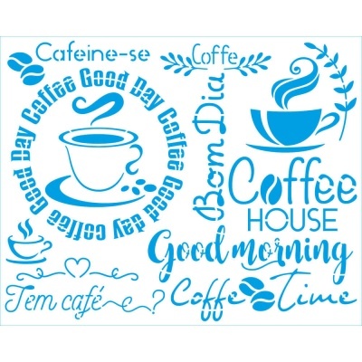 Decalques azuis com desenhos e frases relacionadas com café