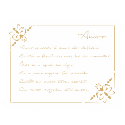 Cartão branco com texto manuscrito dourado e decoração floral