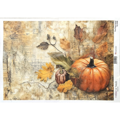 Imagem decorativa com abóboras e folhas secas em tons outonais