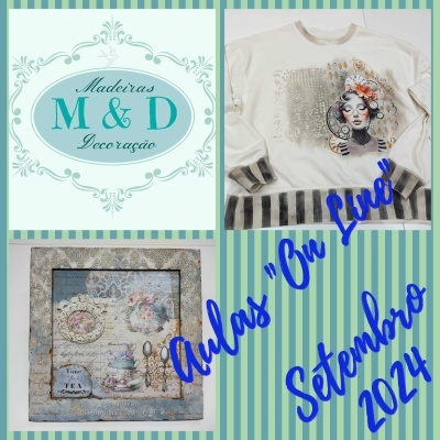 Logótipo, camisola decorada, quadro vintage e texto promocional em fundo listrado