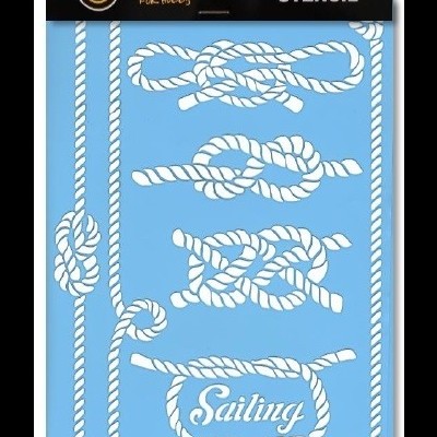 Stencil ATILA For Hobby com desenhos de cordas e nós brancos em fundo azul