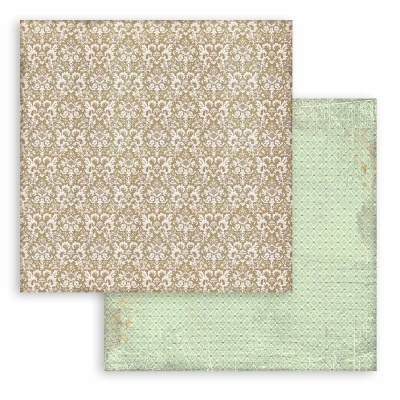 Papel decorativo com padrões vintage em dourado, bege e verde claro