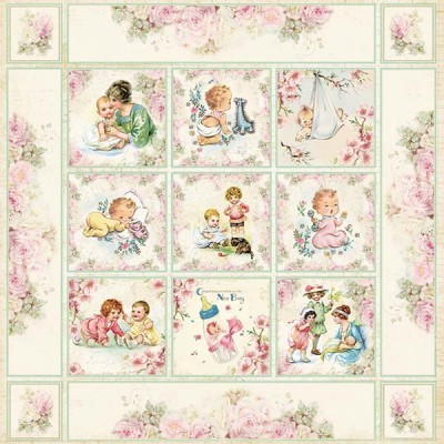 Painel com ilustrações vintage de bebés e padrões florais