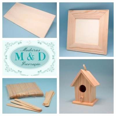 Produtos de madeira natural: tábua, moldura, palitos e casa para pássaros