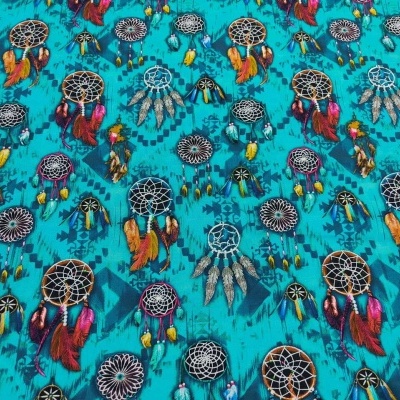 tecido azul turquesa com padrão de filtros dos sonhos coloridos