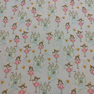 Tecido branco com padrão de castelos cinzentos e princesas cor-de-rosa
