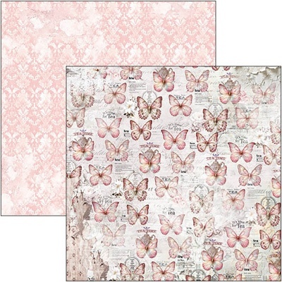 Papel decorativo com padrões de borboletas e floral em tons rosa