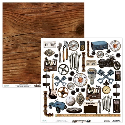 Folha dupla scrapbooking vintage com ferramentas, veículos, relógios e símbolos em tons castanho e azul