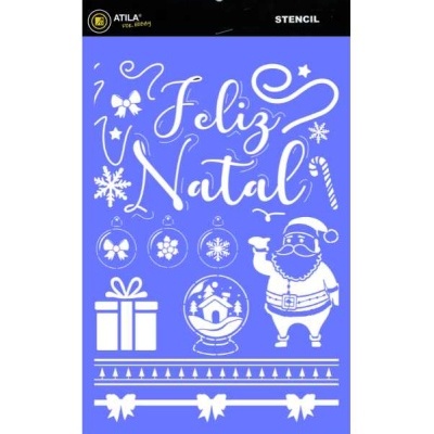 Stencil de Natal com texto e desenhos em branco sobre fundo azul