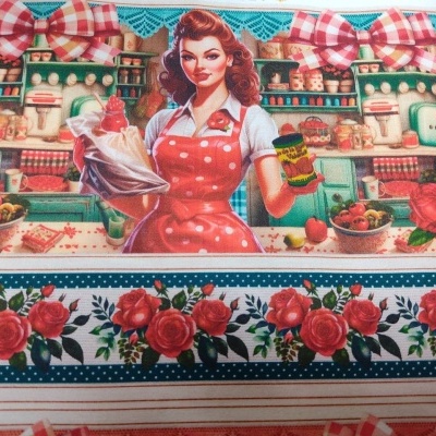 Ilustração vintage de mulher de avental vermelho numa cozinha decorada com rosas e fitas xadrez