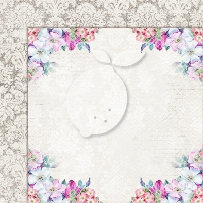 Pano ou guardanapo branco com padrão floral colorido nas bordas e desenho de balão ao centro