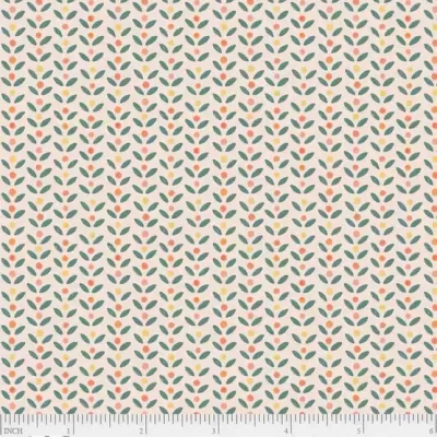 Padrão de tecido com pequenas folhas verdes e laranjas em fundo branco com régua em polegadas