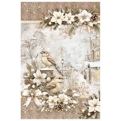 Ilustração de inverno com pássaros, flores brancas, pinhas e cidade nevada