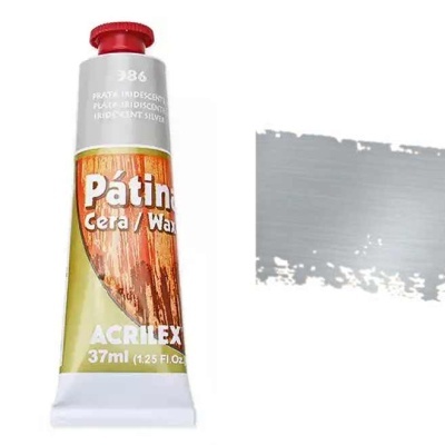 Tubo de tinta Acrilex Pátina de 37ml com tampa vermelha e amostra de cor cinza claro