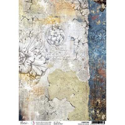 Papel de parede vintage com padrão floral e texturas desgastadas em azul, amarelo e branco