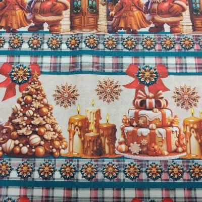 tecido decorativo de Natal com árvores, velas e bolos em tons dourados e vermelhos