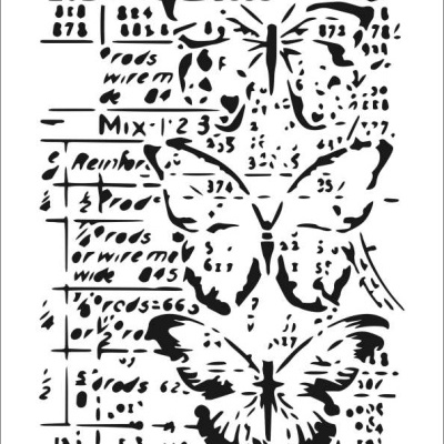 Estêncil preto e branco com desenhos de borboletas e textos com números e fórmulas