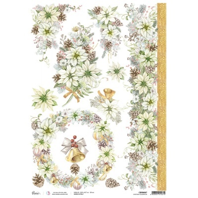 Papel de decoupage com design de Natal com flores brancas, pinhas e sinos dourados