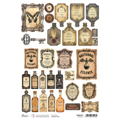 Etiquetas e rótulos vintage para frascos com textos em inglês e ilustrações decorativas