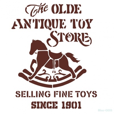 Logotipo antigo castanho de loja de brinquedos com cavalo de baloiço