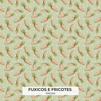 Pano padrão com cenouras castanhas e verdes em fundo verde claro com manchas brancas e texto FUXICOS E FRICOTES PACO04