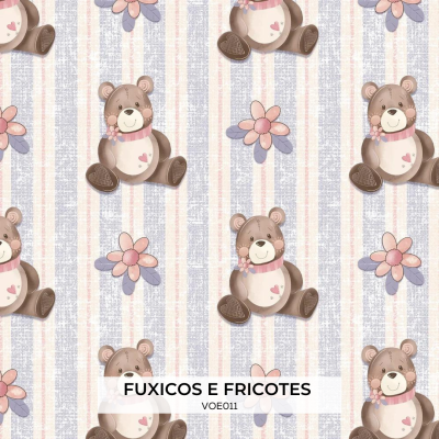 Papel de parede ursinhos castanhos e flores rosa e lilás sobre fundo riscado