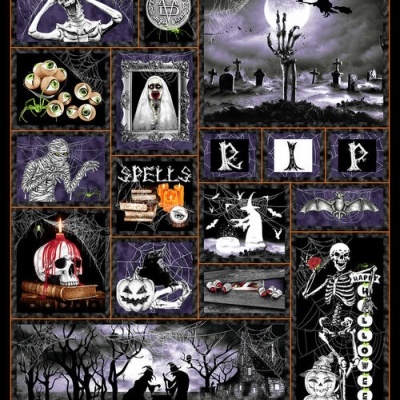 Colagem temática de Halloween com esqueletos, bruxas, olhos, textos SPELLS, RIP e HAPPY HALLOWEEN, abóboras e morcegos sobre fundo escuro e roxo