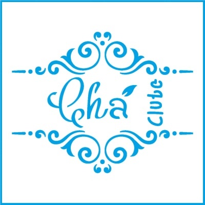 Logótipo azul 'Chá Clube' com ornamentos decorativos em fundo branco