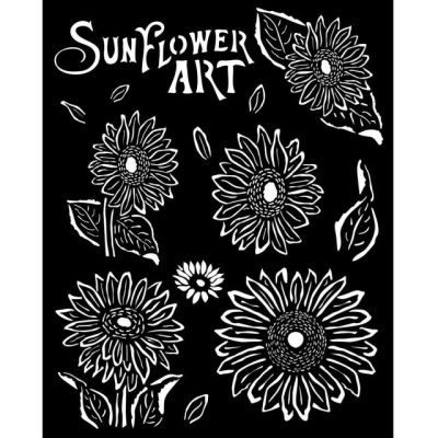 Ilustrações estilizadas de girassóis e folhas em preto e branco com texto SUNFLOWER ART