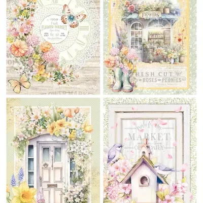 Quatro cartões decorativos com flores, borboletas, loja de flores, porta e casinha de pássaros com texto temático