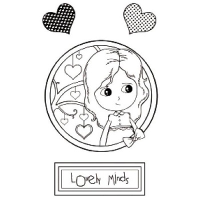 Desenho preto e branco de rapariga com corações e texto Lonely Minds