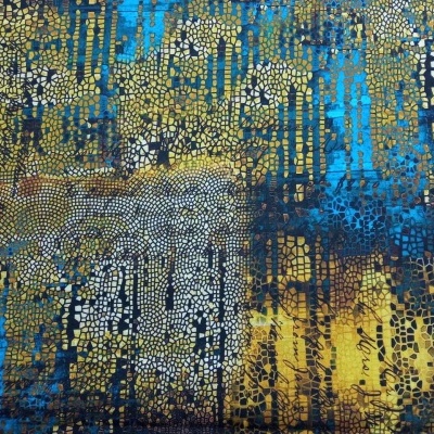 Tecido abstrato com padrão mosaico em azul, amarelo e castanho