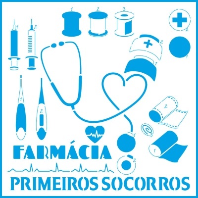 Ilustrações médicas azuis com texto Farmácia e Primeiros Socorros