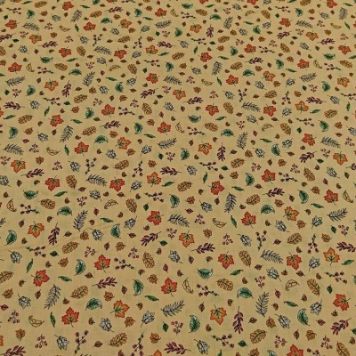 Tecido bege com padrão de pequenas folhas e flores coloridas