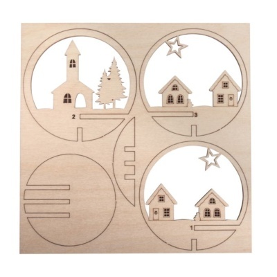 Peça decorativa em madeira com cortes a laser de casas e igreja em círculos
