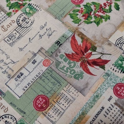 Tecido padrão vintage com postais, selos e calendários em verde, vermelho e bege