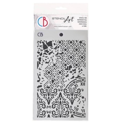 Stencil decorativo com padrões geométricos, florais e de relógio, embalagem com etiqueta branca.