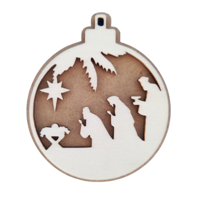 Enfeite natalício em madeira com cena do presépio recortada